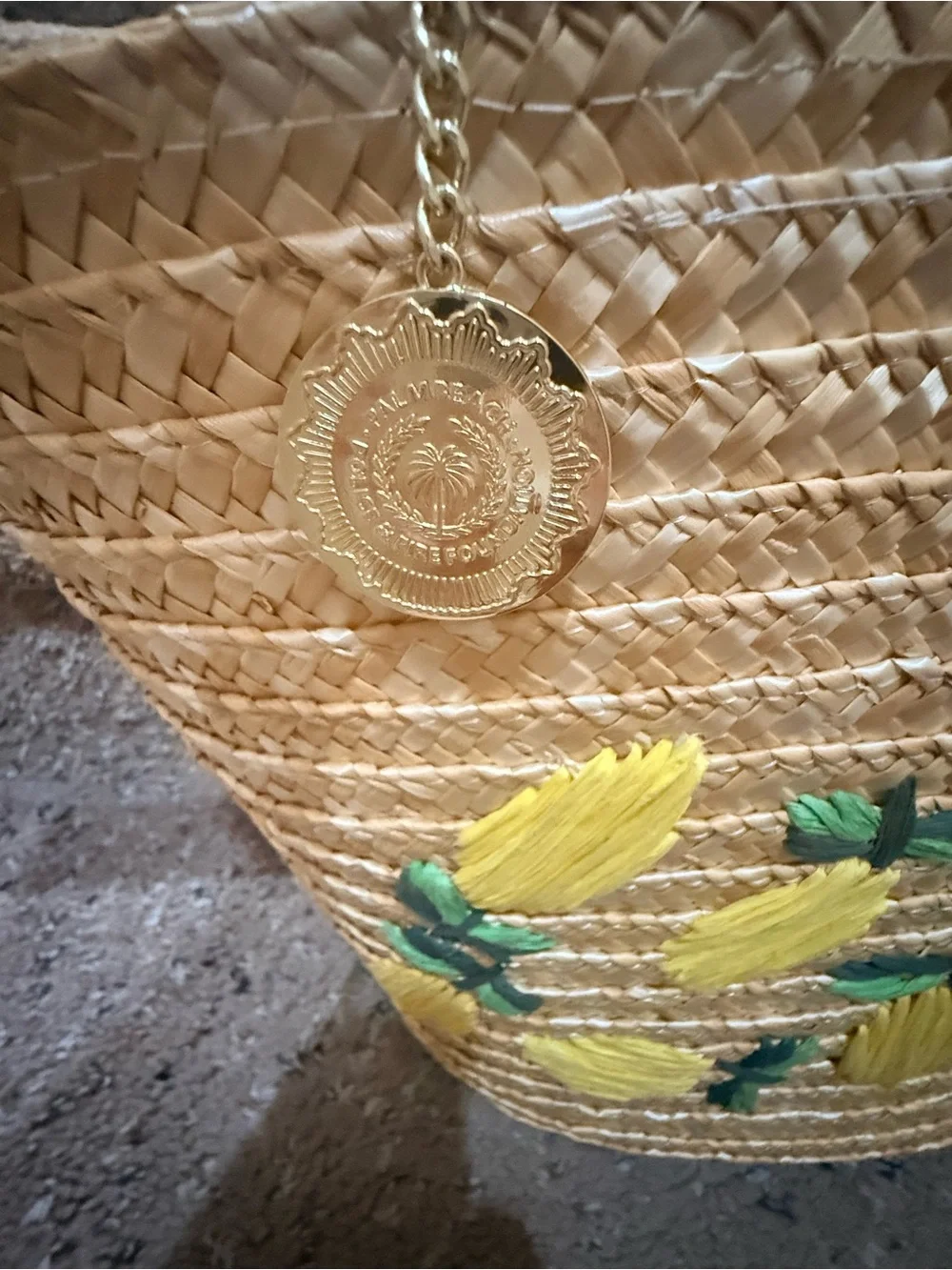 Handwoven Straw Tote with Yellow Lemon Embroidery